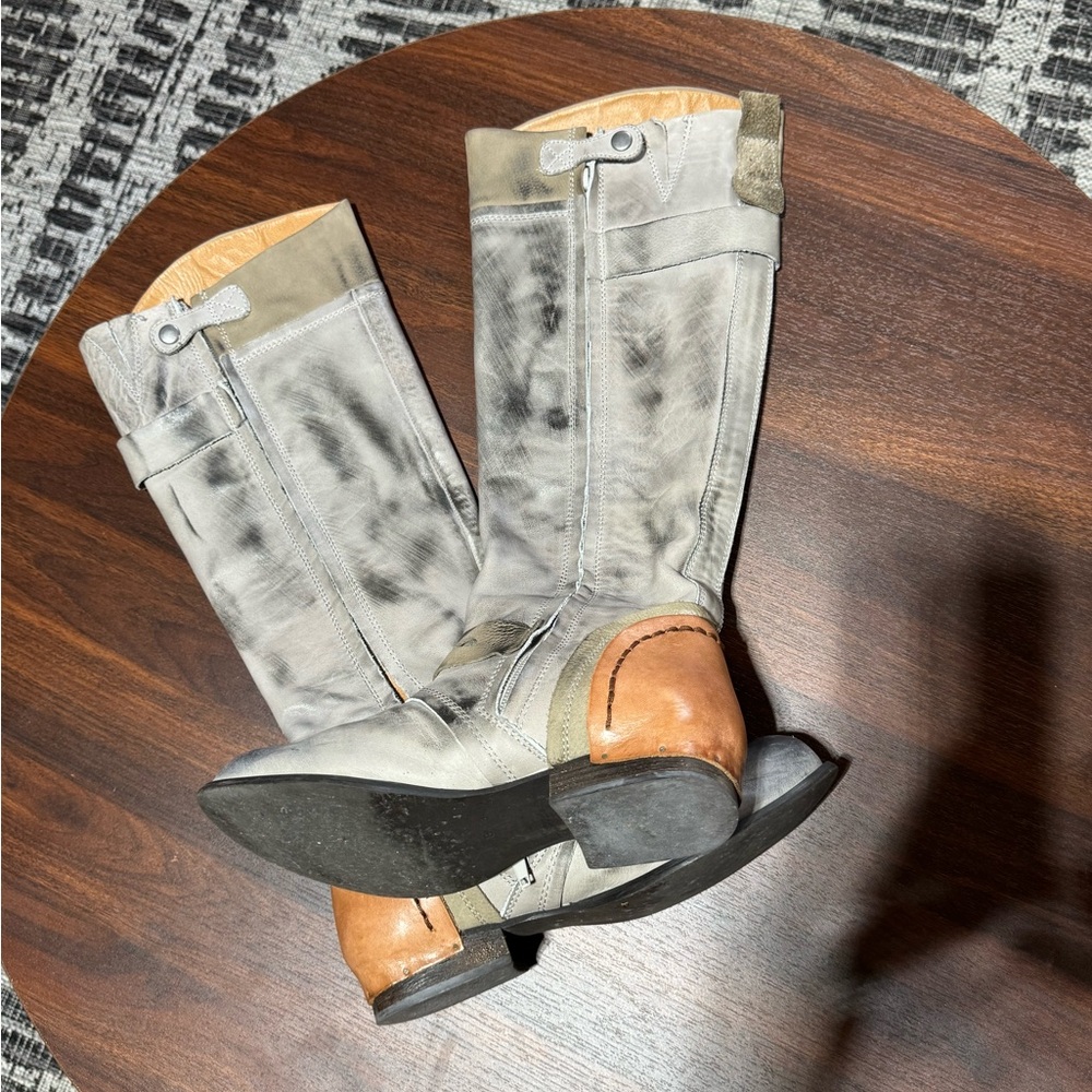 Gray and Tan Leather Boots